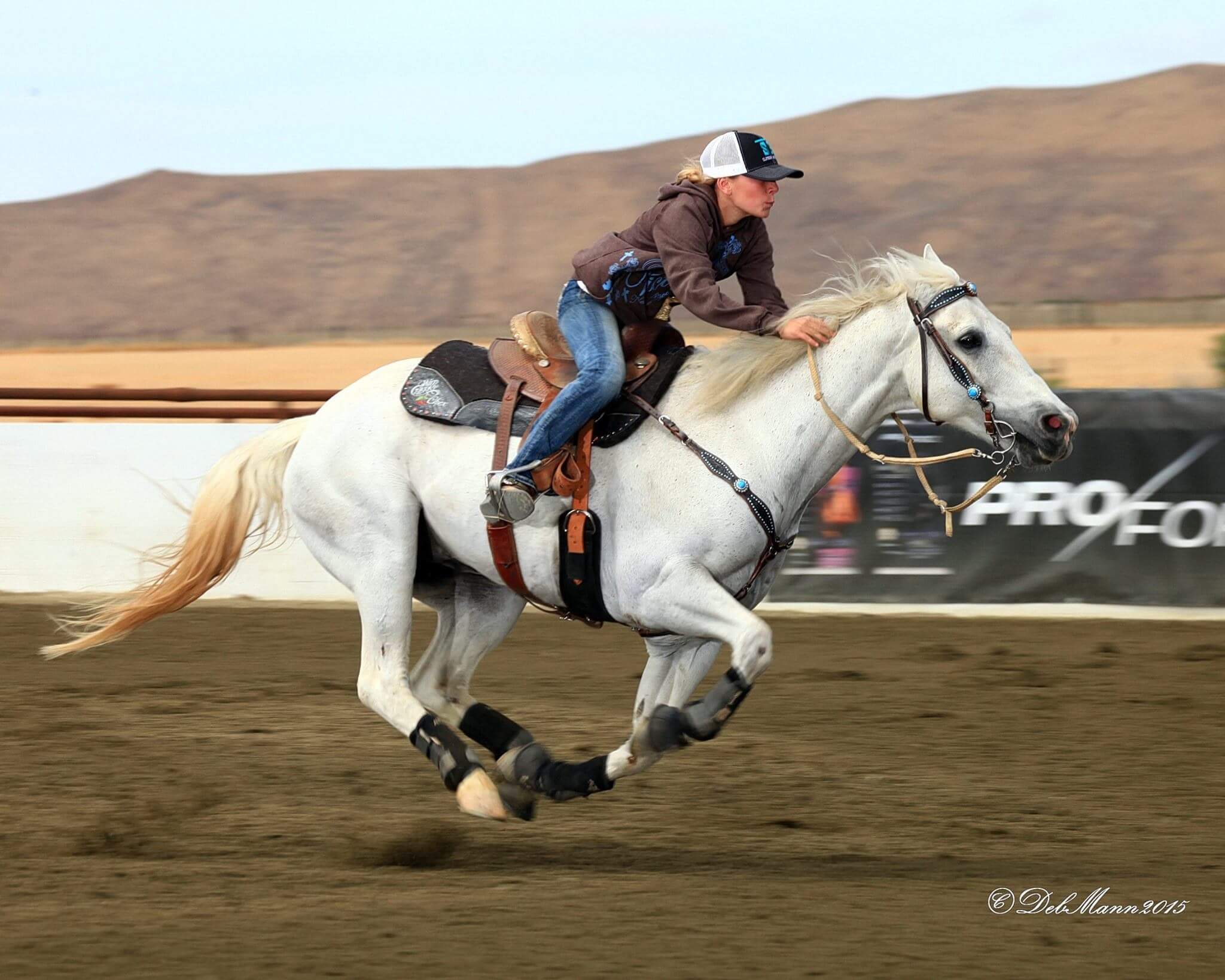 A rider on a white horse sprinting through an arena