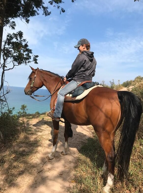 A rider on a bay horse by a cliffside