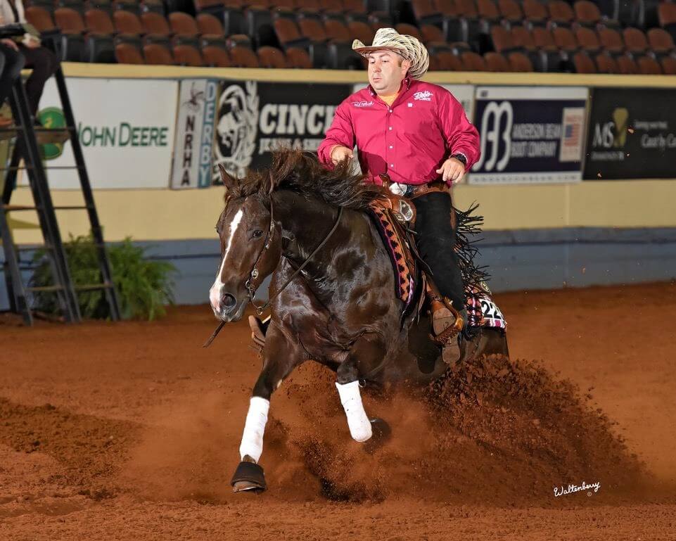 Dany Tremblay riding a dark colored horse in an arena