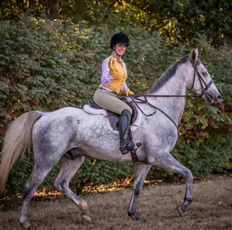 A mottled gray horse with a derby rider on top