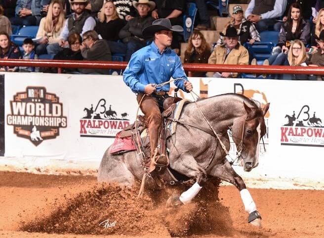 Kelby Phillips riding a gray stallion at a competition