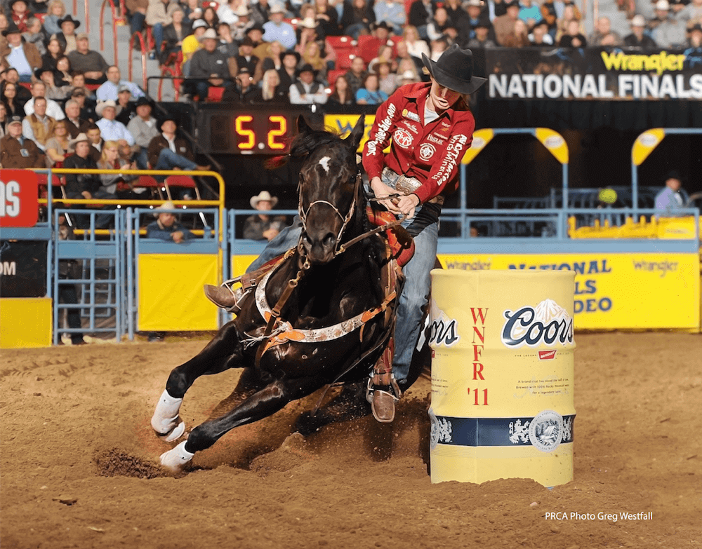 A horse cornering around a barrel in a competition