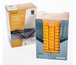 Front view of the ExactaCruz&reg; Pipette Tip Reload System, showing the innovative packaging that protects 0.1-10 &mu;l tips. Pe 