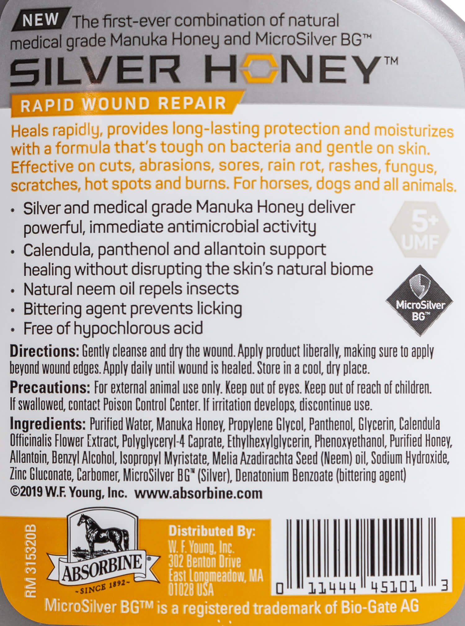  Absorbine Silver Honey Rapid Wound Repair Ointment, Manuka  Honey & MicroSilver BG, Veterinarian Tested Horse & Animal Wound Care, 2oz  Tube : Pet Supplies