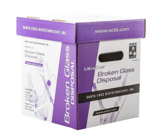 A close-up of the UltraCruz&reg; Glass Disposal Box, featuring a sturdy construction with clear labeling for safe handling and 