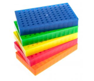 Stacked, vibrant UltraCruz® Microcentrifuge Tube Racks-Multicolor in blue, green, yellow, orange, and pink. Organize tubes 